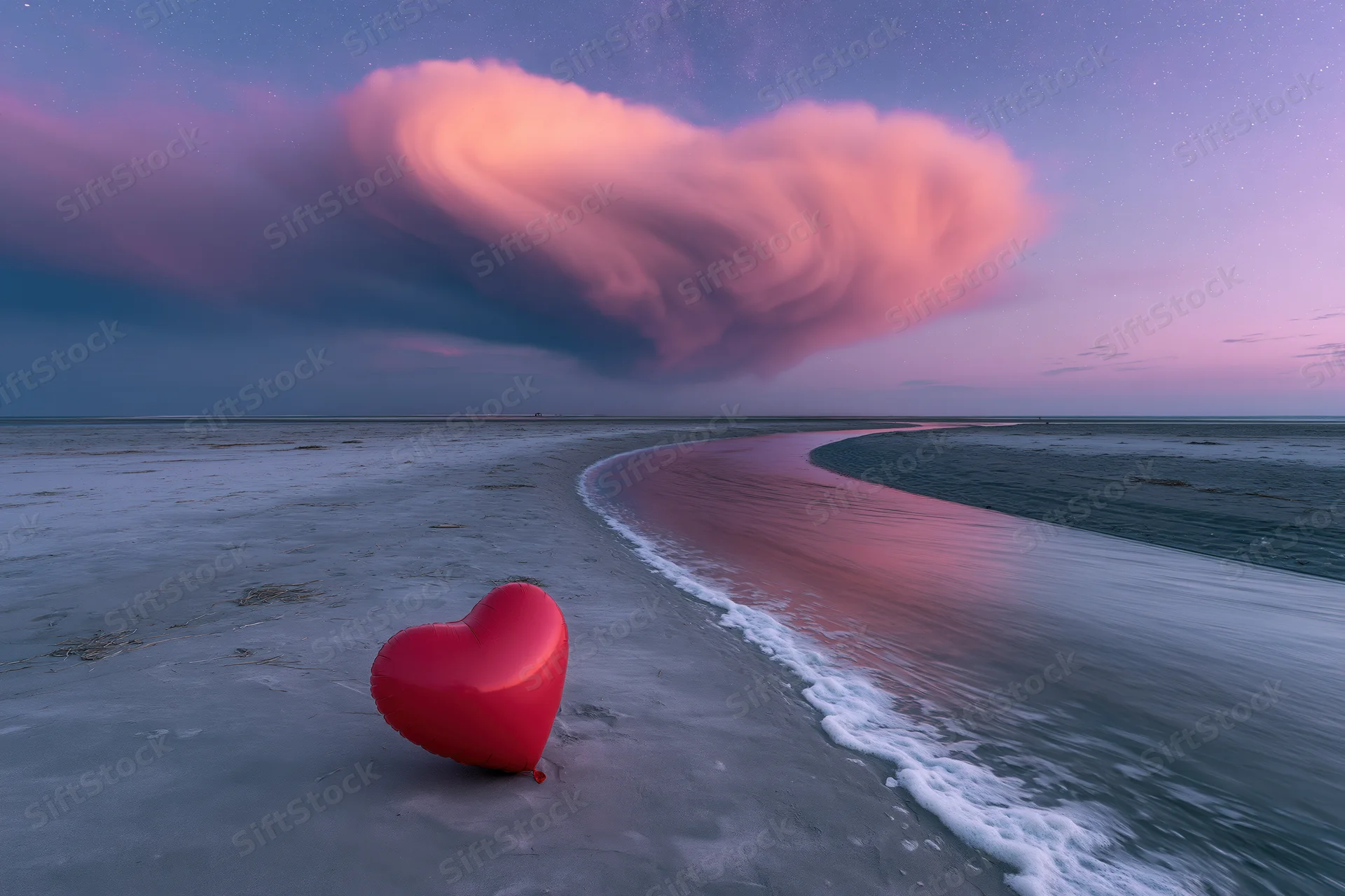 Glossy red heart-shaped balloon resting on sandy beach beside ocean at twilight