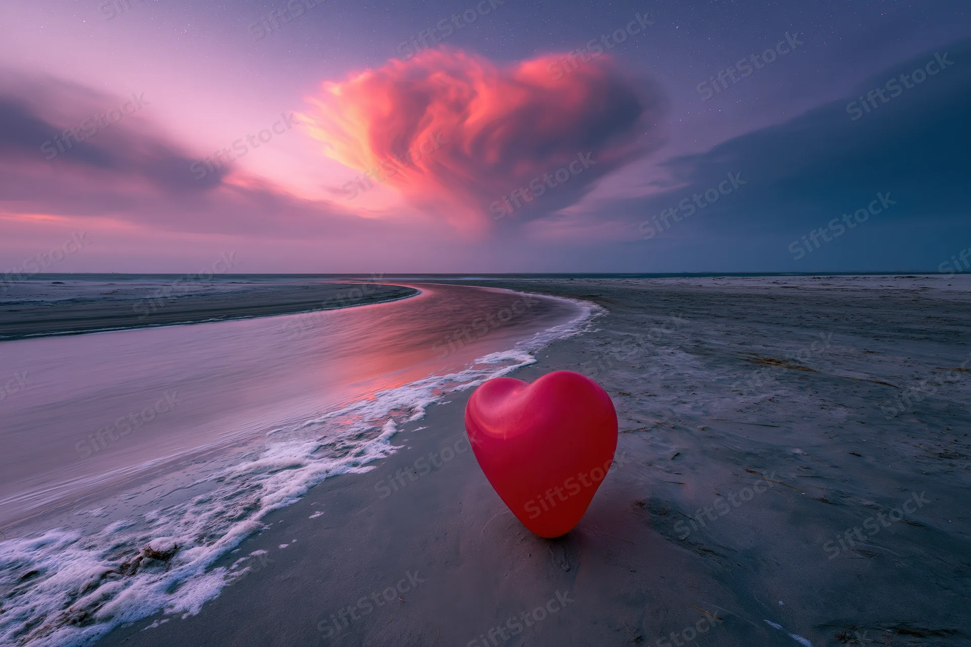 Glossy red heart-shaped balloon resting on sandy beach at twilight with ocean waves and heart-shaped cloud in sky
