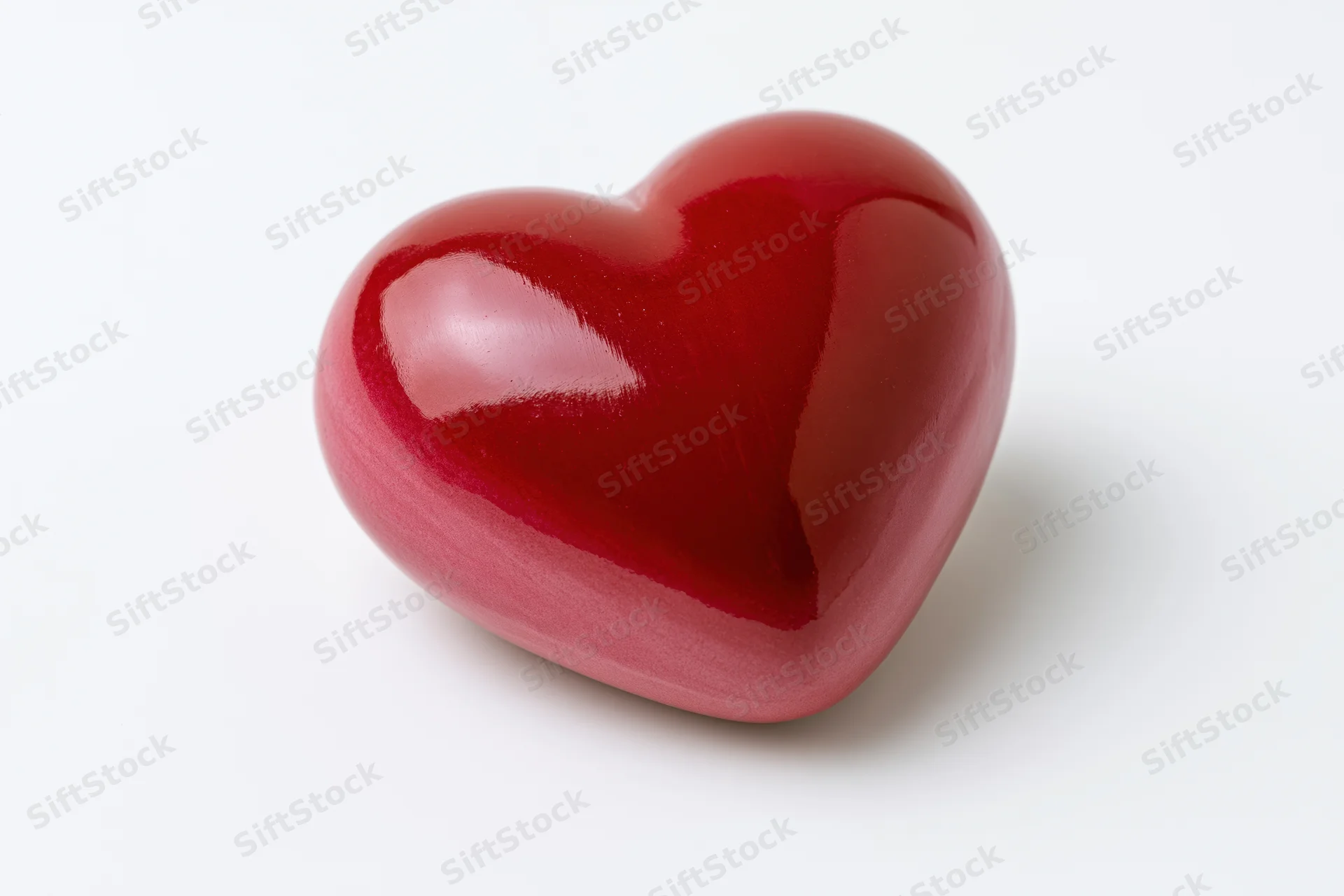 Glossy red heart-shaped object centered on pure white background