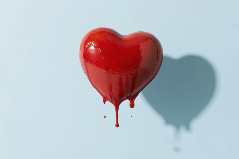 Glossy red heart-shaped object with dripping liquid paint on light blue background