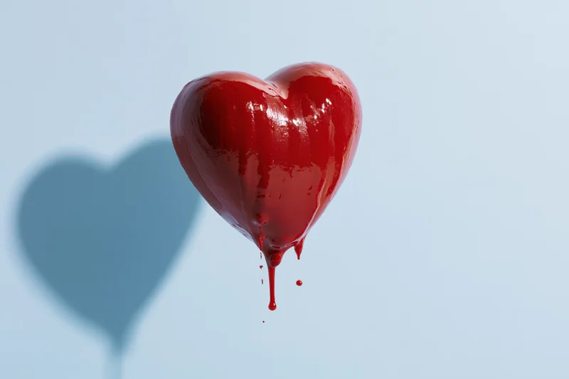 Glossy red heart-shaped object with dripping paint against light blue background