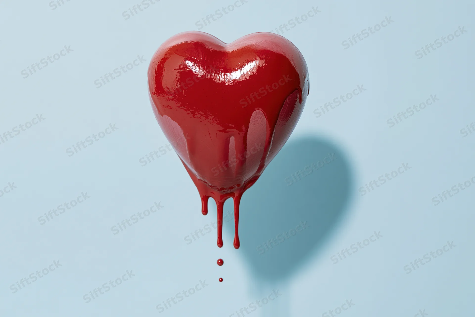 Glossy red heart shape with dripping liquid paint on light blue background