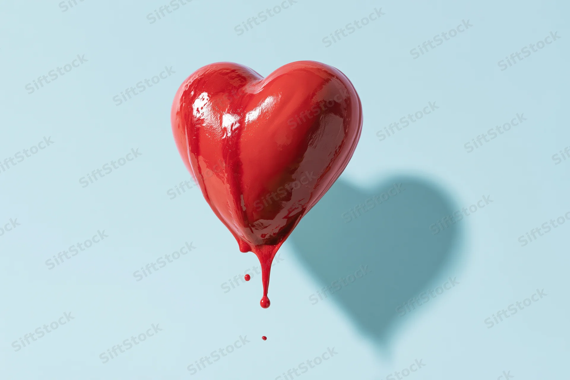 Glossy red heart-shaped object with dripping liquid paint on light blue background