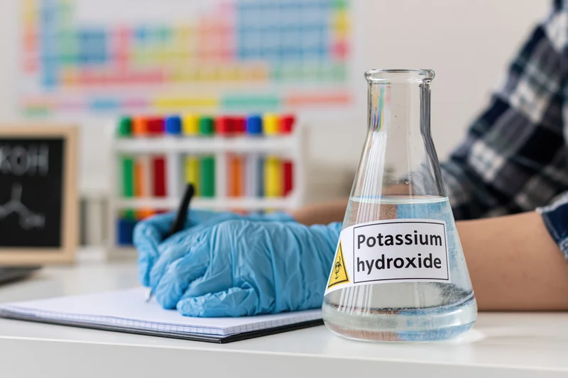 Student in blue gloves writing notes beside an erlenmeyer flask labeled potassium hydroxide in a chemistry lab