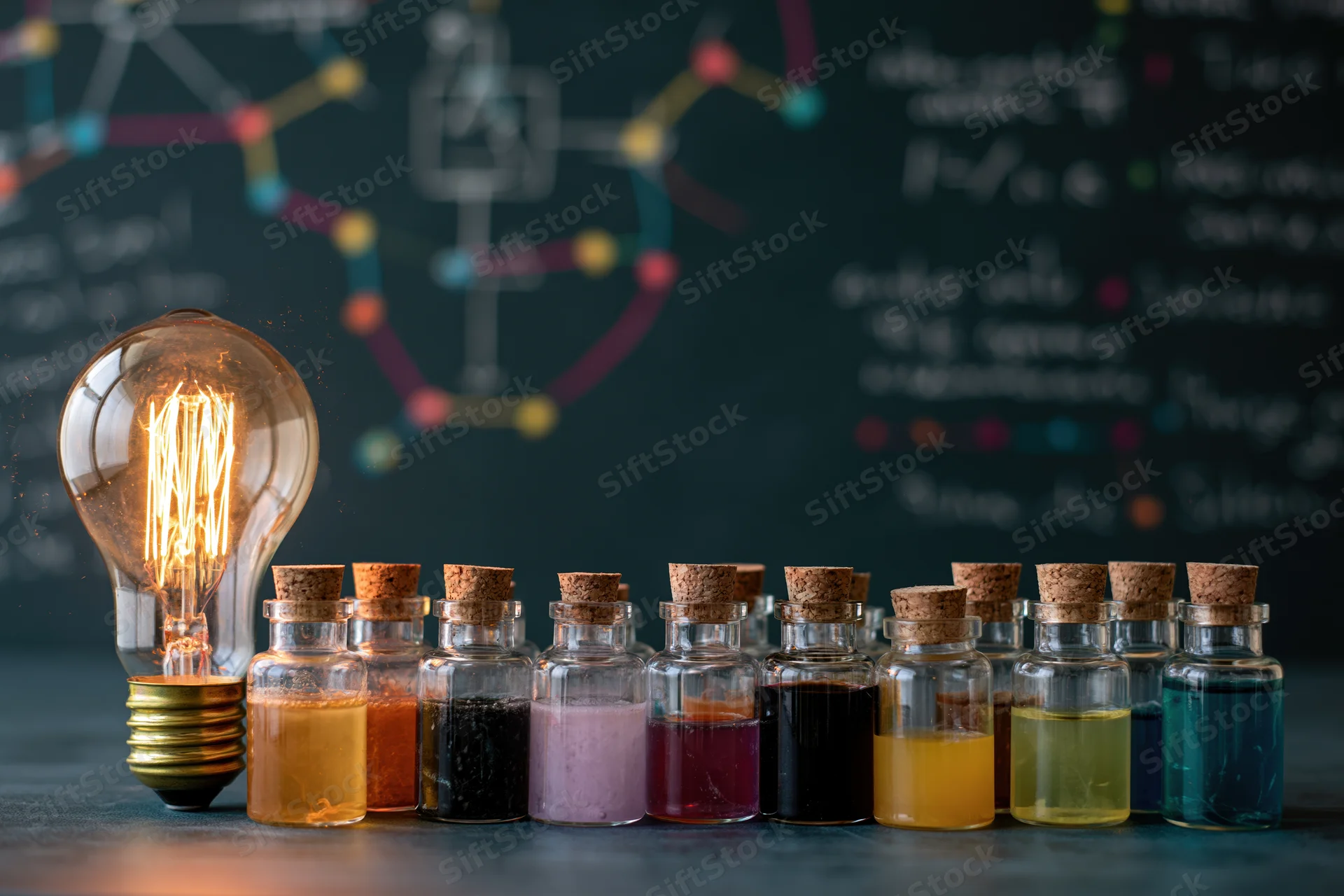 Glowing edison-style light bulb beside a row of small corked glass bottles filled with colorful liquids on a dark surface with molecular diagrams on a chalkboard in the background