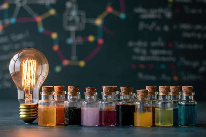 Glowing edison-style light bulb beside a row of small corked glass bottles filled with colorful liquids on a dark surface with molecular diagrams on a chalkboard in the background