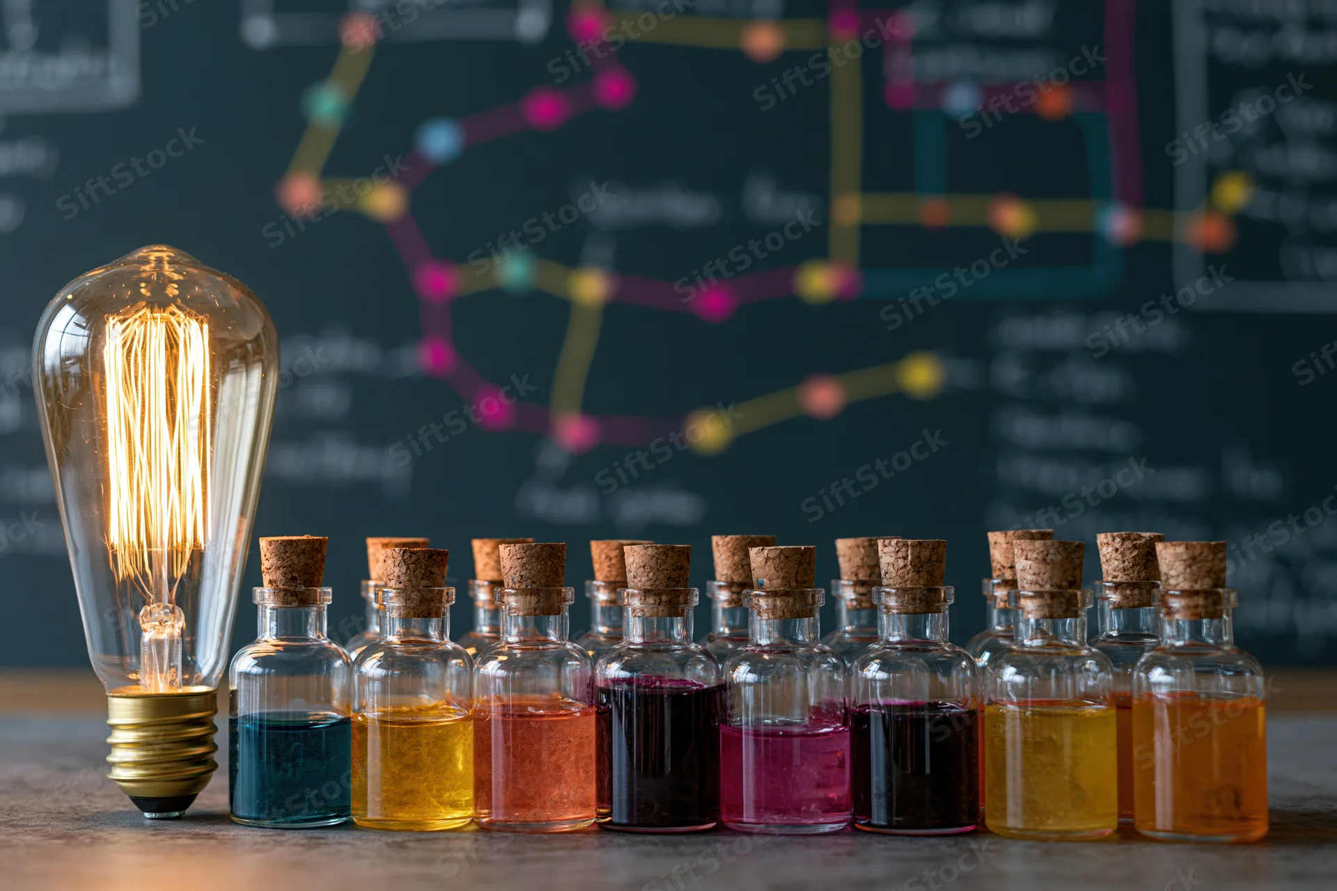 Glowing Edison-style light bulb beside a row of small corked glass bottles filled with colorful liquids on a table in front of a blackboard with scientific diagrams