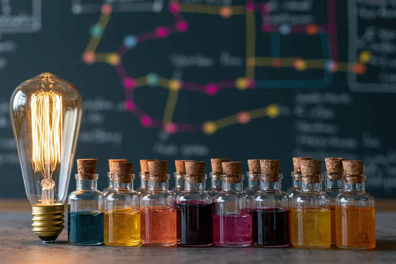 Glowing Edison-style light bulb beside a row of small corked glass bottles filled with colorful liquids on a table in front of a blackboard with scientific diagrams