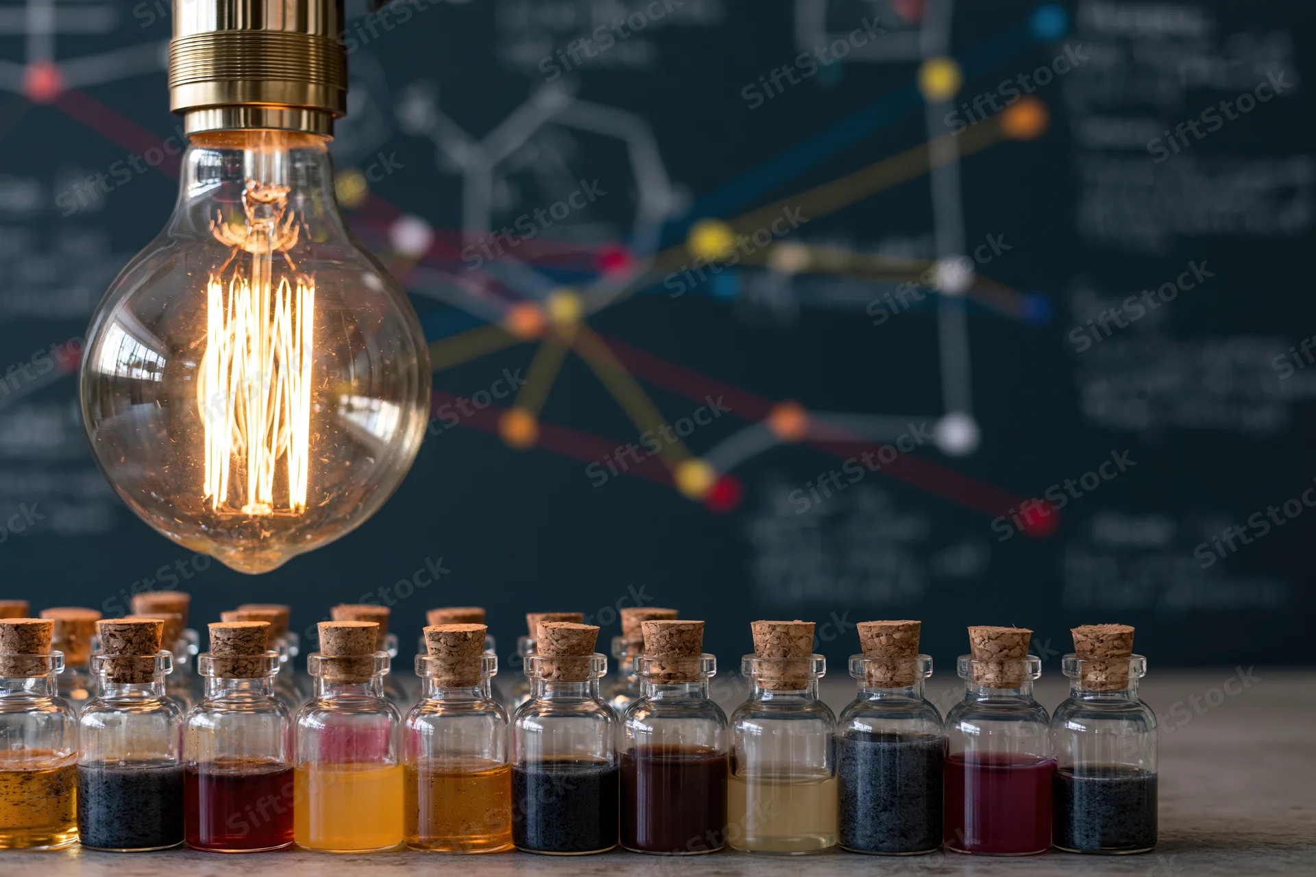 Glowing edison-style lightbulb beside a row of small corked glass bottles filled with colored liquids on a table with a dark background showing scientific diagrams and network connections
