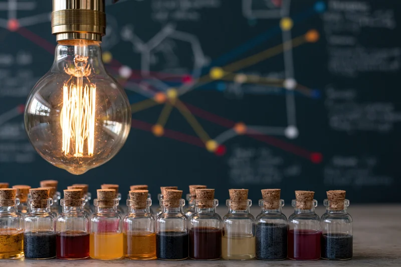 Glowing edison-style lightbulb beside a row of small corked glass bottles filled with colored liquids on a table with a dark background showing scientific diagrams and network connections