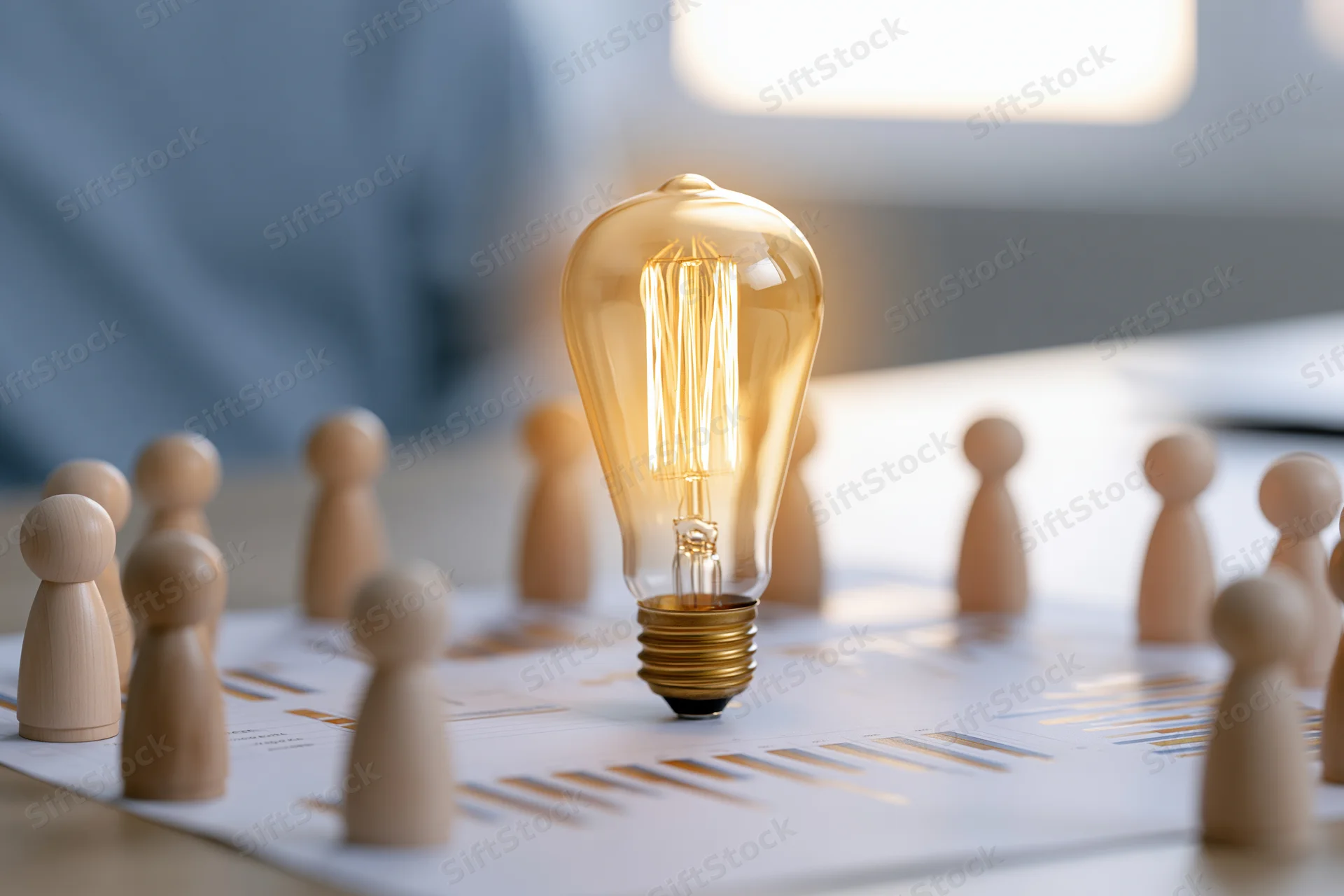 Glowing edison filament bulb on printed bar chart surrounded by wooden figurines on office desk