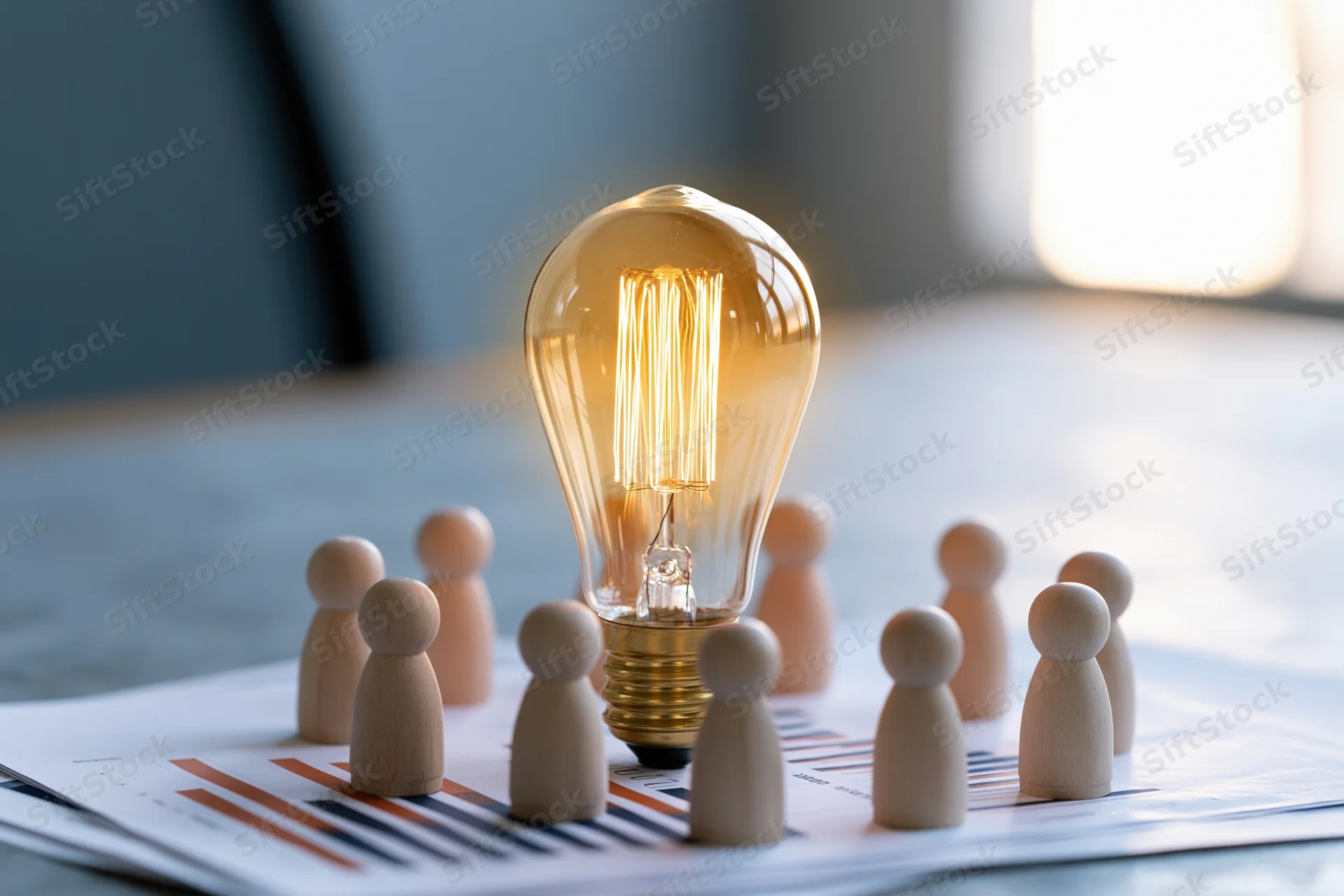 Glowing edison filament bulb surrounded by wooden figures on printed bar chart in office setting