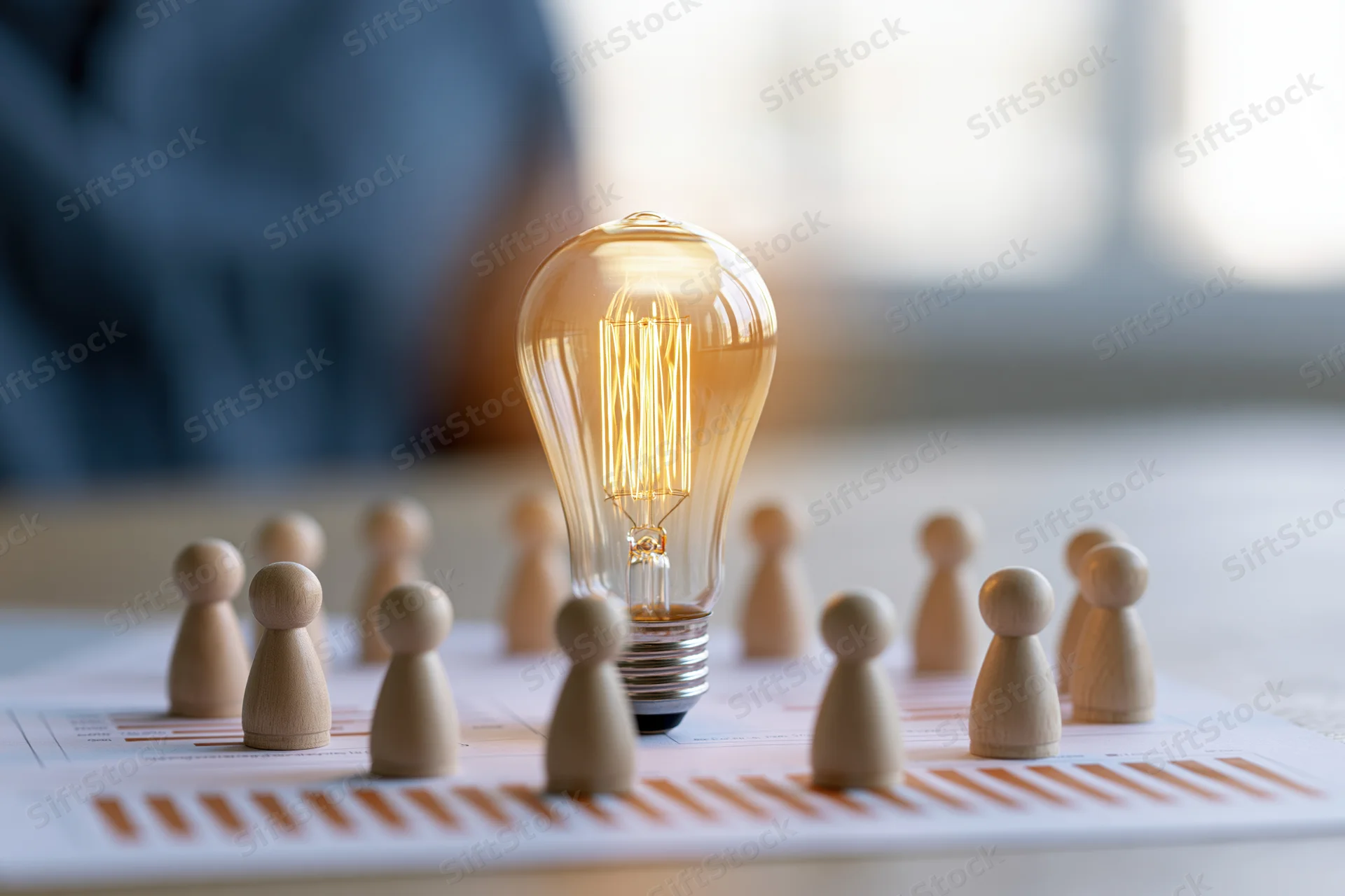 Glowing lightbulb surrounded by wooden figurines on printed bar chart in office setting