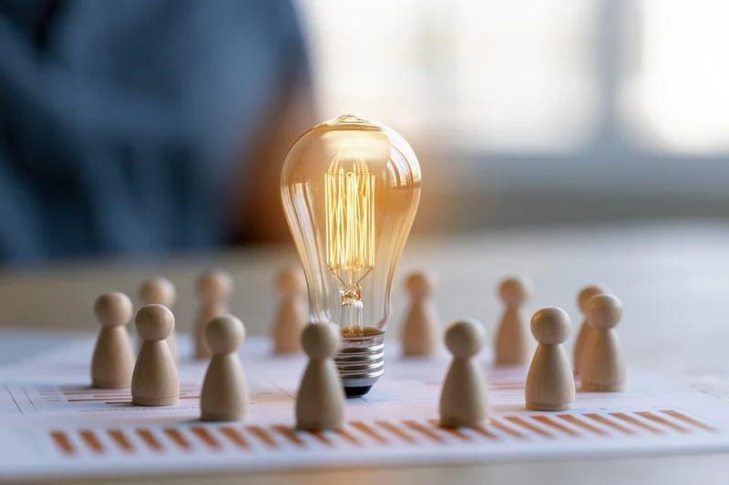Glowing lightbulb surrounded by wooden figurines on printed bar chart in office setting