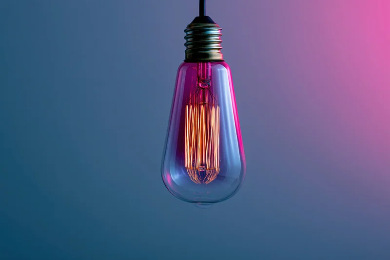 Glowing edison filament lightbulb hanging against a blue to pink gradient background
