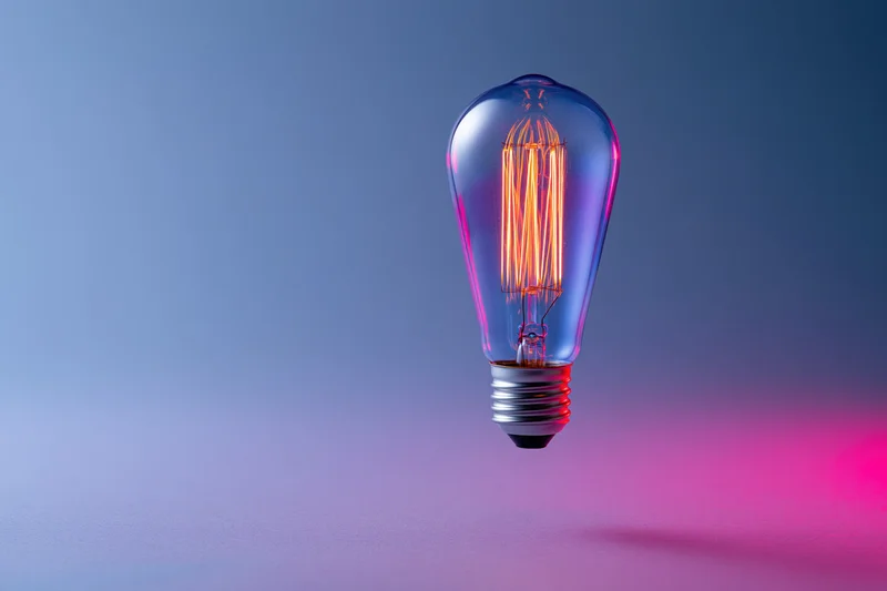 Glowing edison filament lightbulb floating against a smooth gradient background with pink and blue lighting