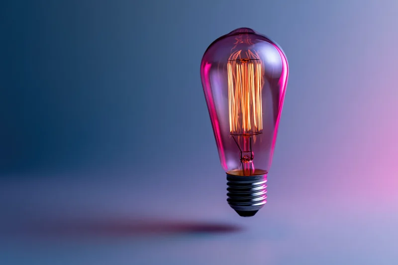 Glowing edison filament lightbulb floating against a gradient background with copyspace