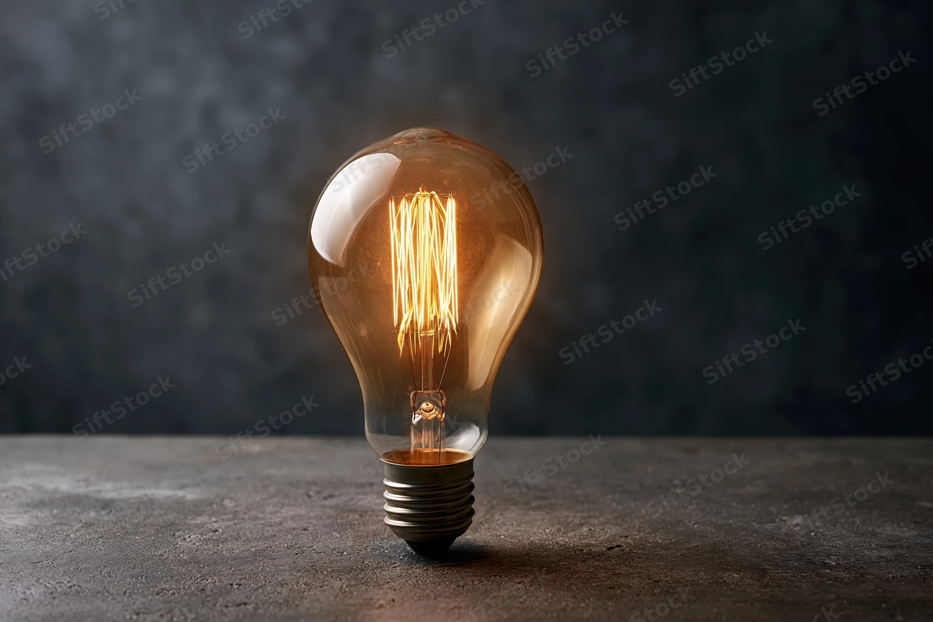 Glowing edison filament lightbulb on dark concrete surface