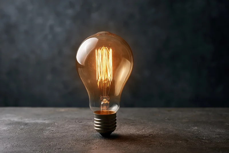 Glowing edison filament lightbulb on dark concrete surface