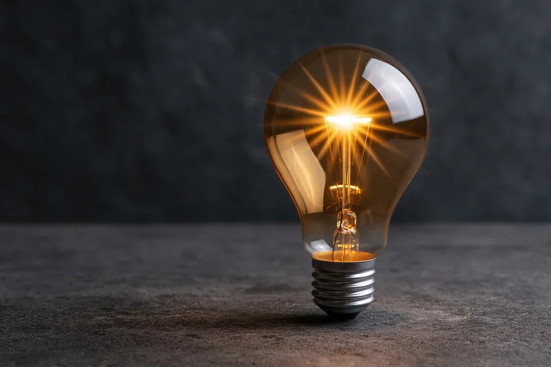 Glowing edison filament lightbulb on dark concrete surface