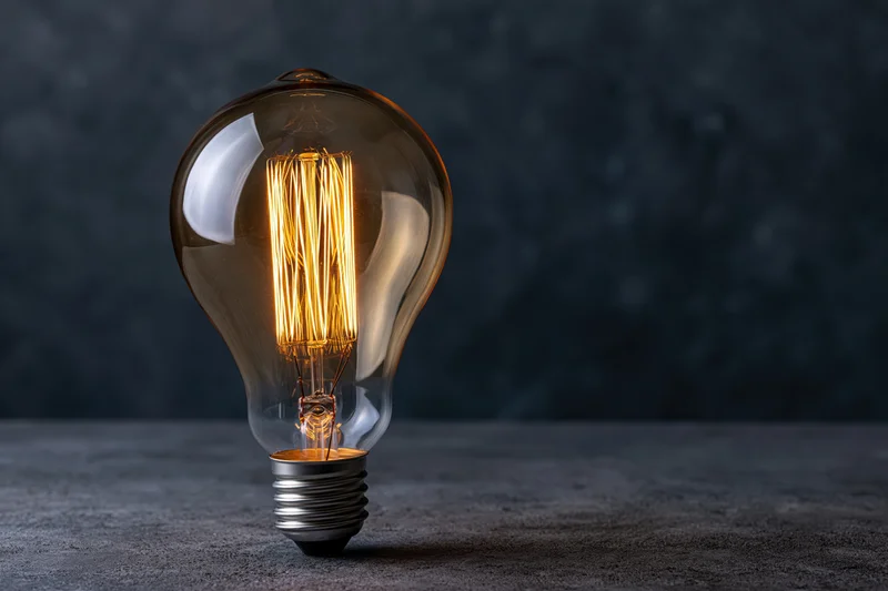 Glowing edison filament lightbulb on dark concrete surface