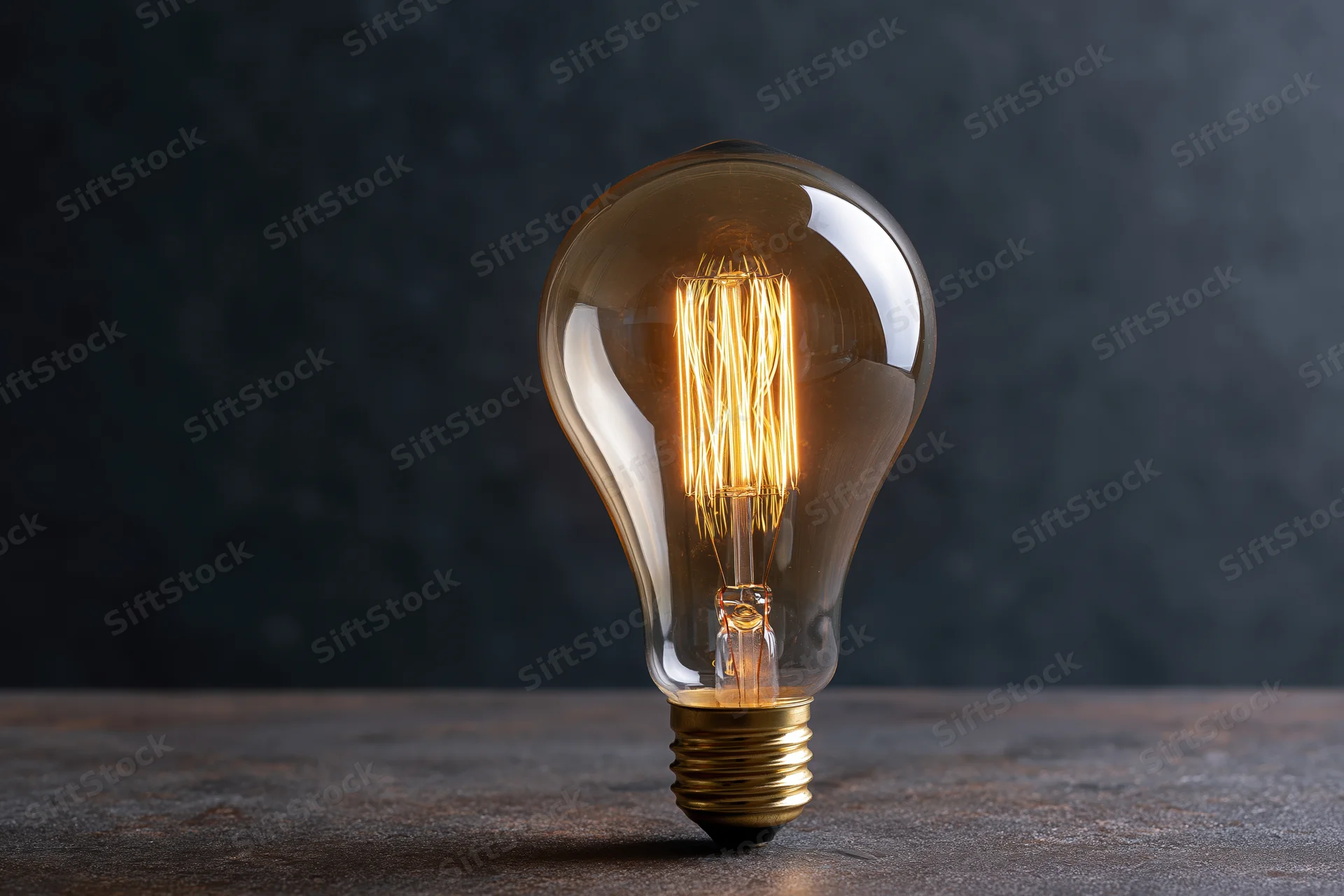 Glowing edison filament lightbulb on dark concrete surface