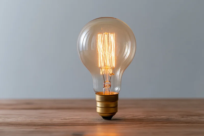 Glowing edison filament lightbulb on wooden table surface