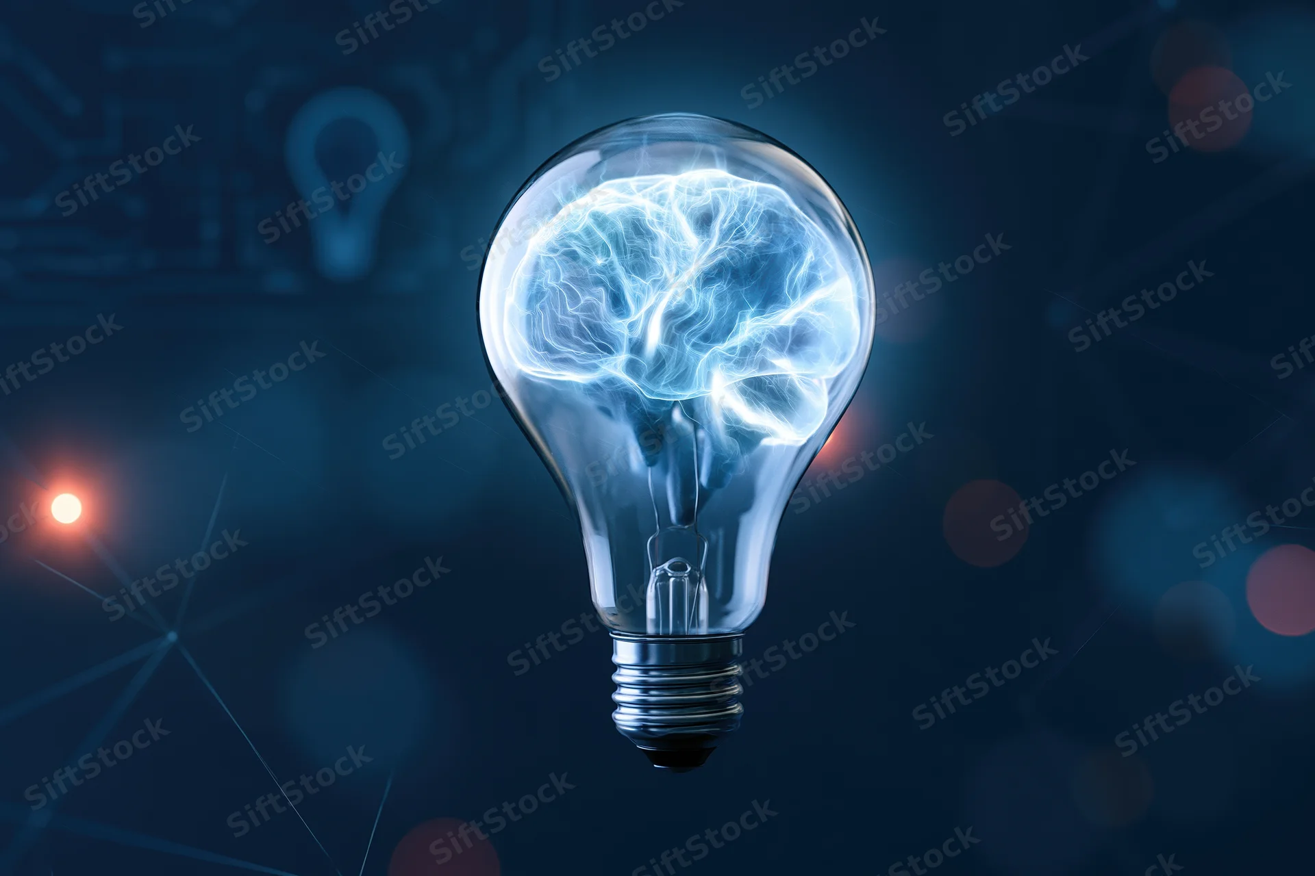 Glowing lightbulb containing a luminous brain illustration against a dark digital background