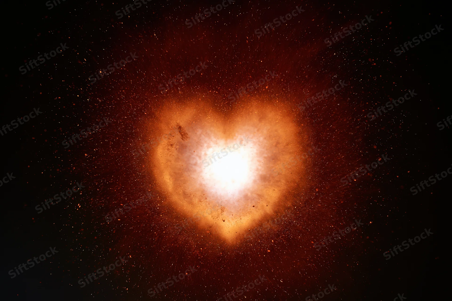 Glowing heart-shaped light burst with red-orange particles against dark background