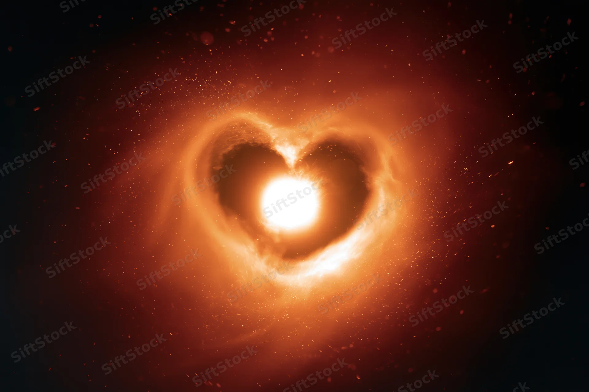 Glowing heart-shaped light in space with particles and cosmic dust around it