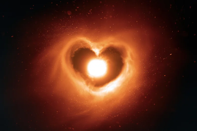 Glowing heart-shaped light in space with particles and cosmic dust around it