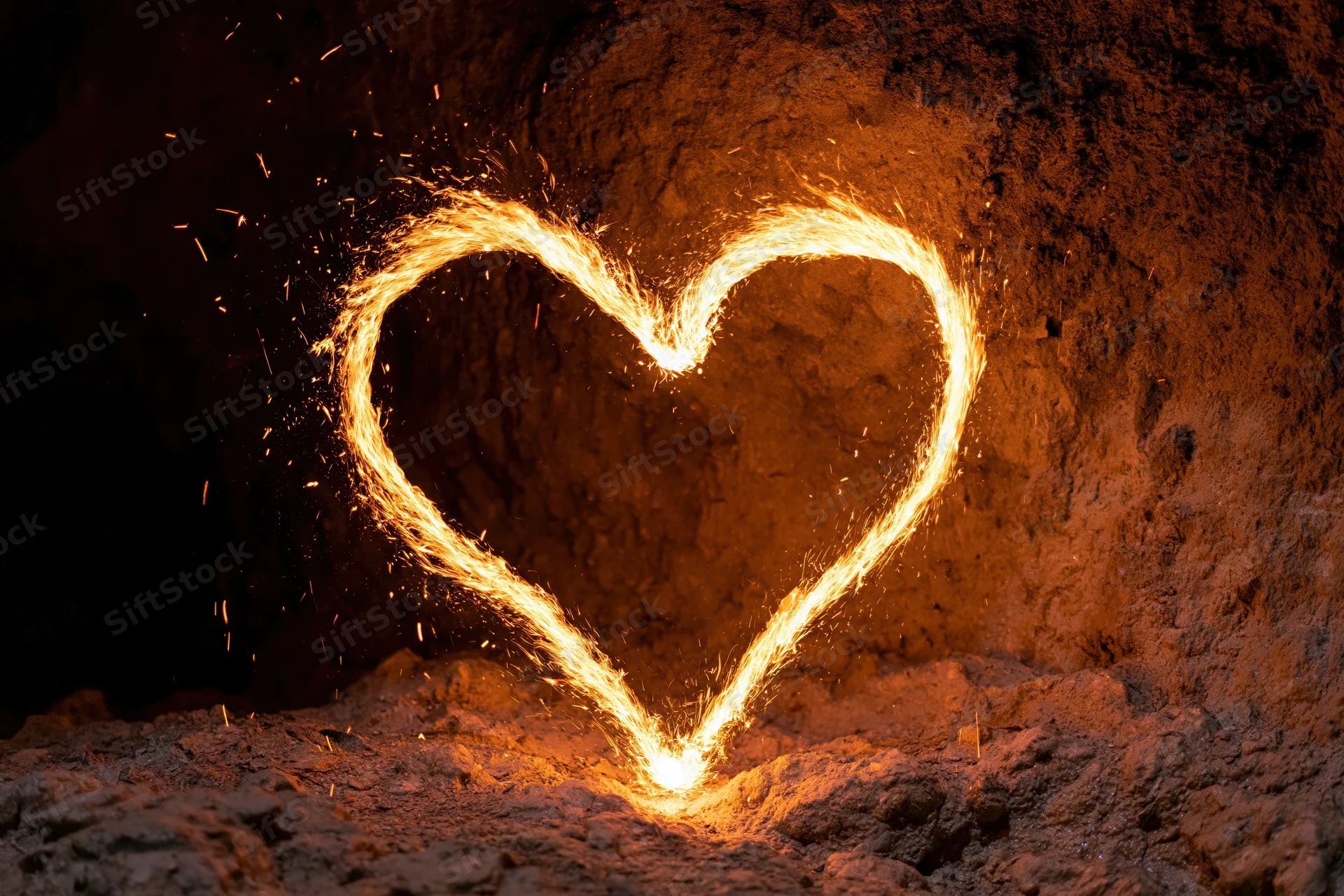 Glowing heart shape traced in fire and embers against a rough rock wall in a cave
