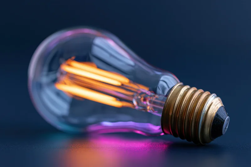 Glowing incandescent light bulb lying on its side on a dark surface