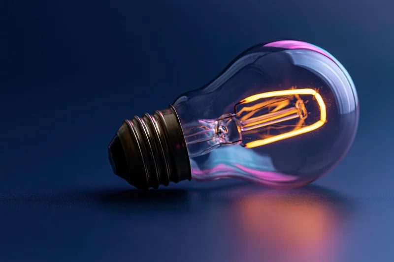 Glowing incandescent light bulb lying on its side on a dark surface with warm filament light and blue reflections