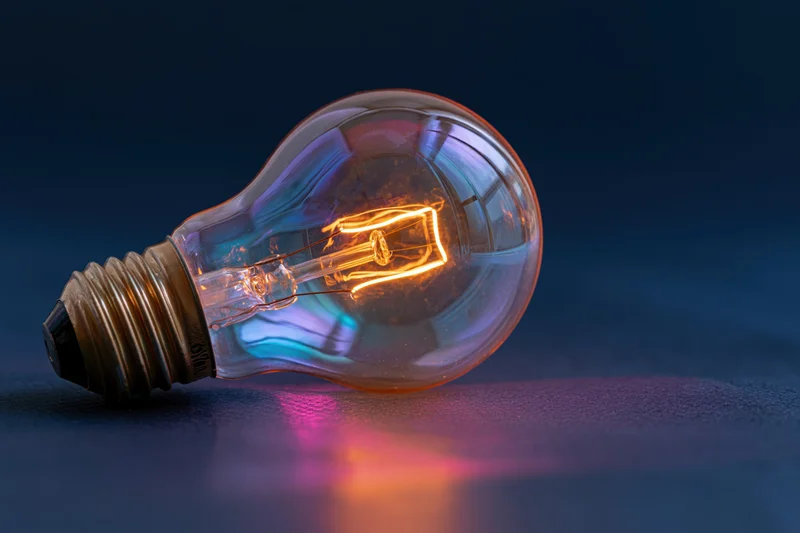 Glowing incandescent light bulb lying on its side on a dark surface with warm reflection