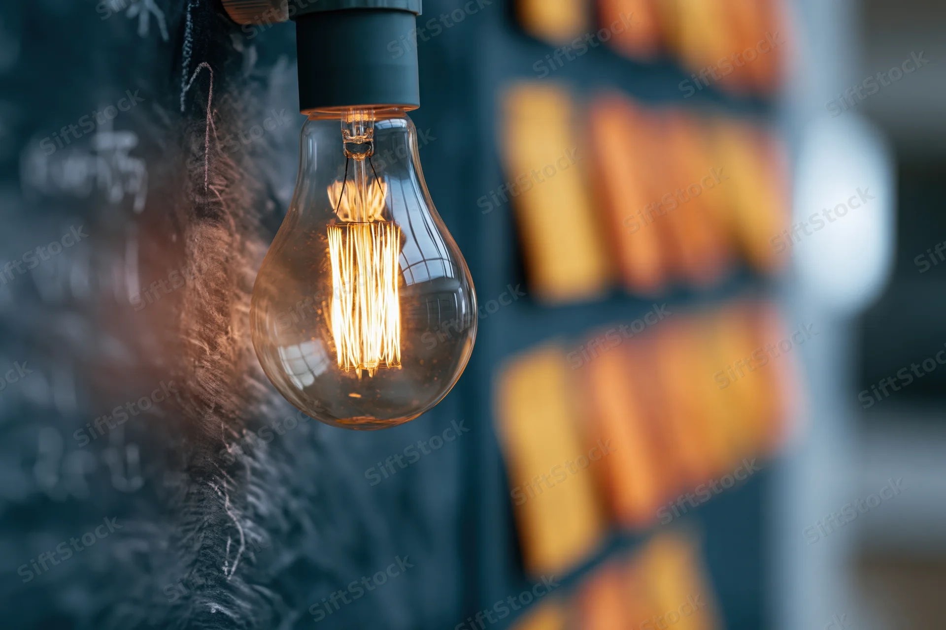 Glowing incandescent light bulb with visible filament hanging against a dark chalkboard with faint writing and equations in the background