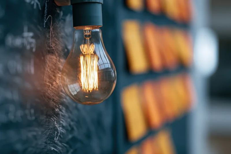 Glowing incandescent light bulb with visible filament hanging against a dark chalkboard with faint writing and equations in the background