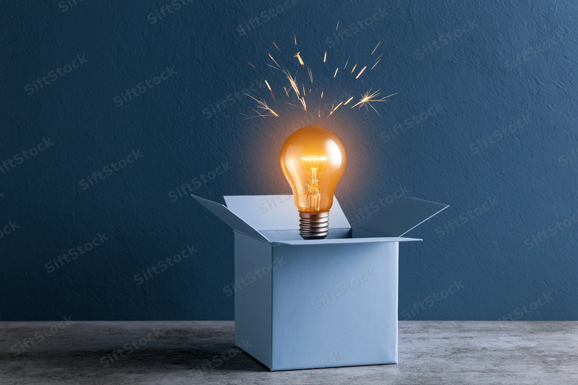 Glowing lightbulb emerging from open box on dark blue wall