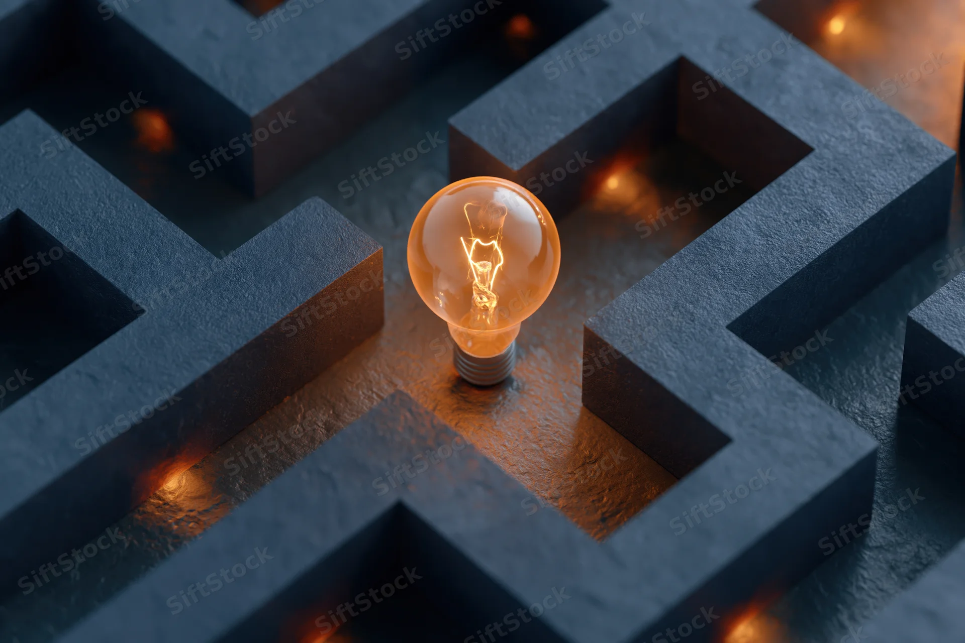 Glowing lightbulb at center of dark stone maze