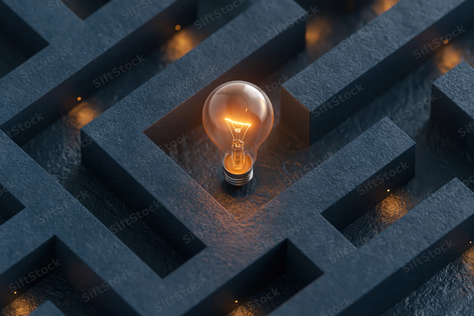 Glowing lightbulb at center of dark stone maze