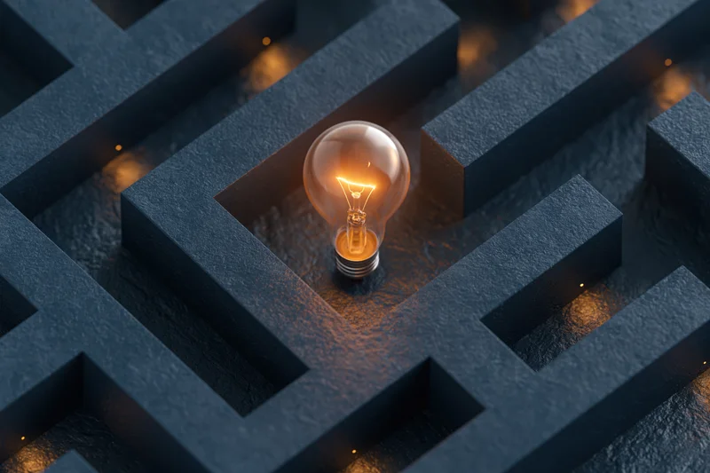 Glowing lightbulb at center of dark stone maze