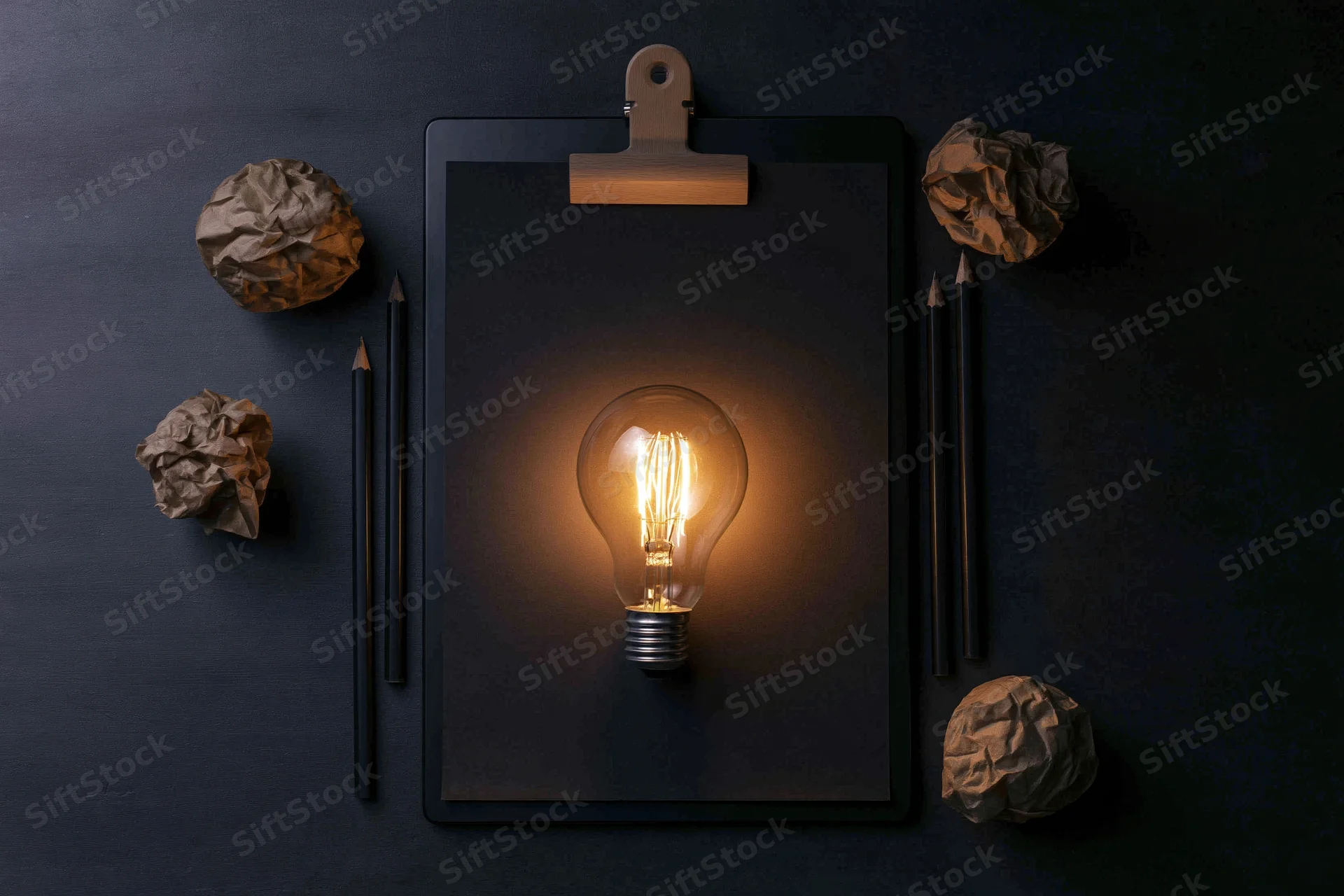 Glowing lightbulb on clipboard surrounded by crumpled paper and pencils on dark surface