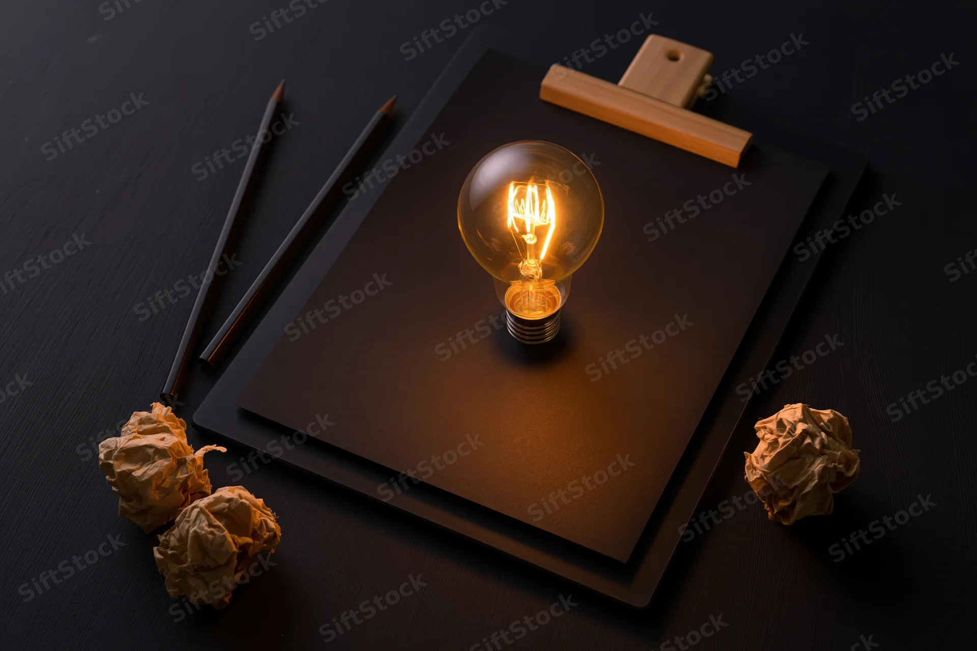 Glowing incandescent lightbulb on a clipboard with pencils and crumpled paper on a dark desk
