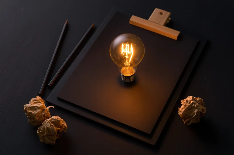 Glowing incandescent lightbulb on a clipboard with pencils and crumpled paper on a dark desk