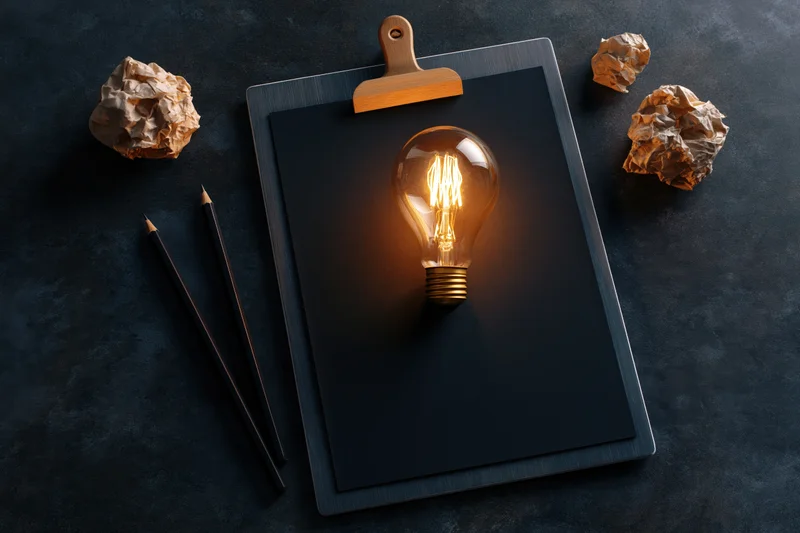 Glowing lightbulb on a clipboard surrounded by pencils and crumpled paper on dark surface