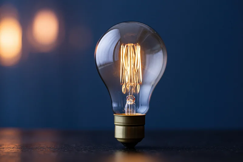 Glowing incandescent light bulb with visible filament on dark reflective surface