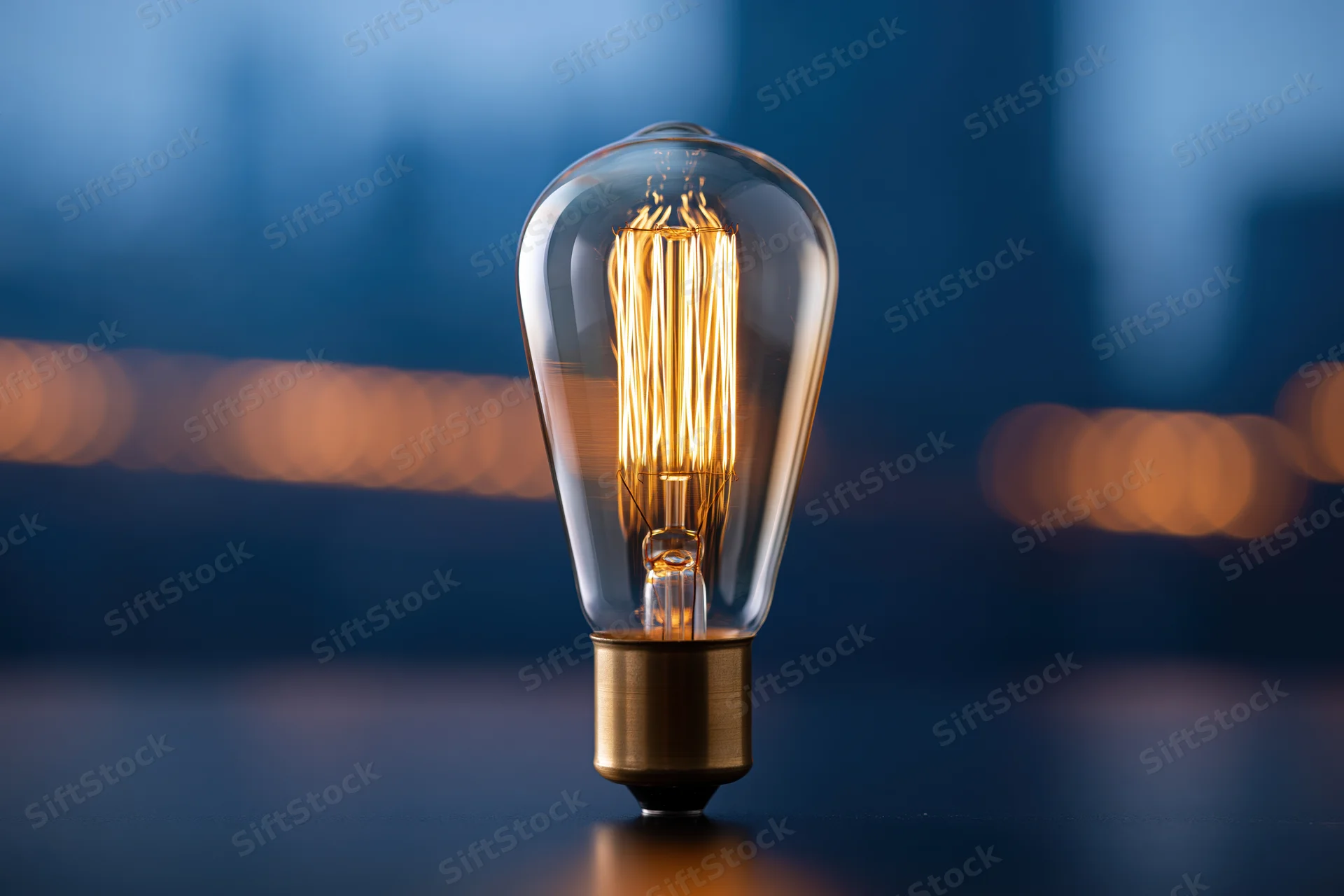 Glowing vintage incandescent lightbulb with visible filament on dark reflective surface against blurred city night background