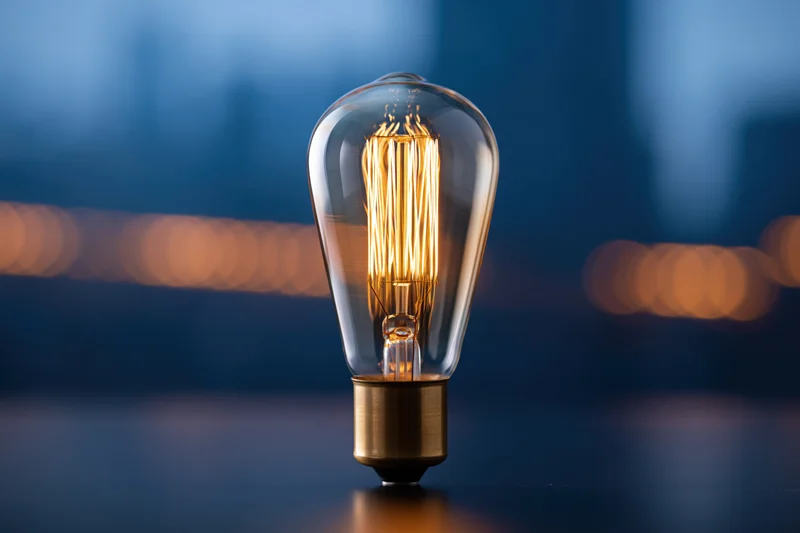 Glowing vintage incandescent lightbulb with visible filament on dark reflective surface against blurred city night background