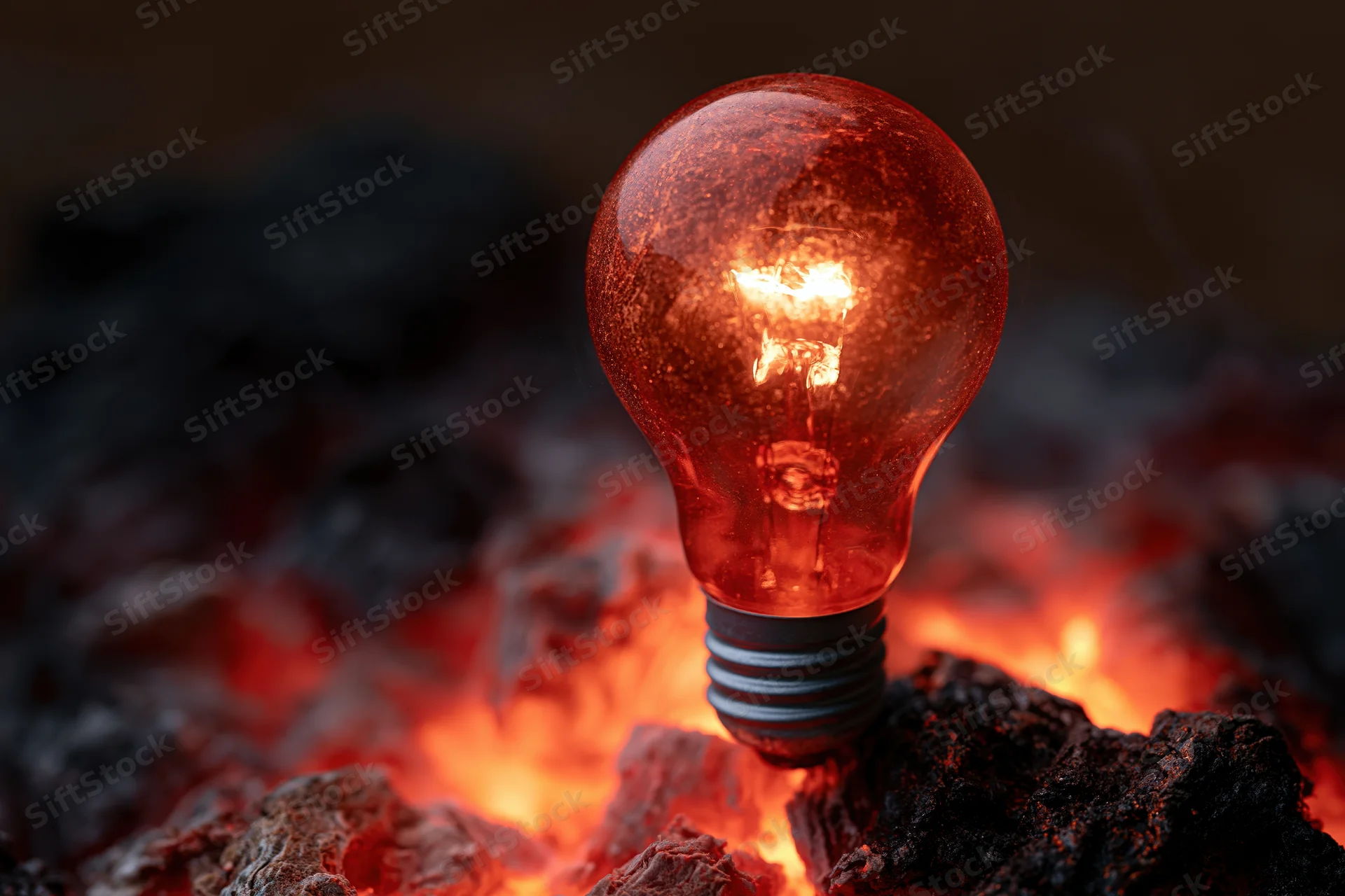 Glowing incandescent lightbulb resting on smoldering coal with fiery glow