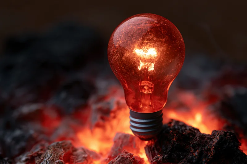 Glowing incandescent lightbulb resting on smoldering coal with fiery glow